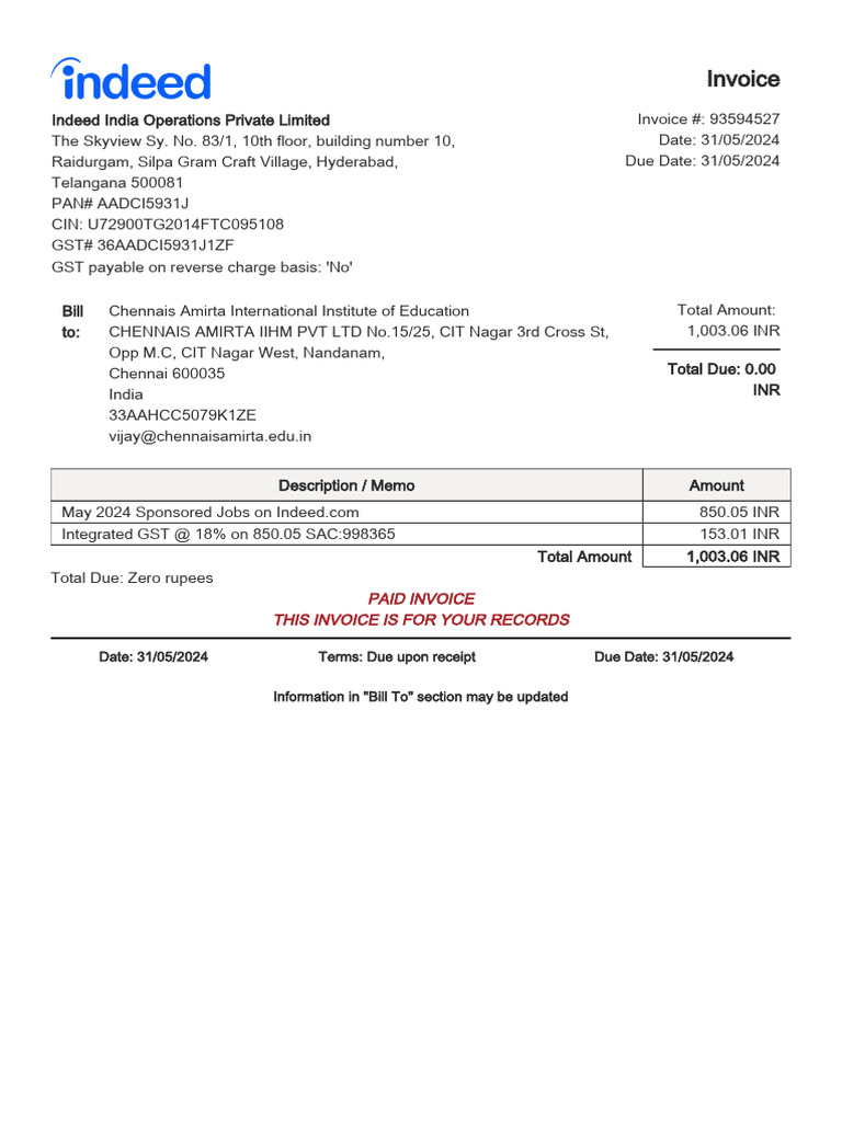 Paid Invoice for Sponsored Jobs | PDF