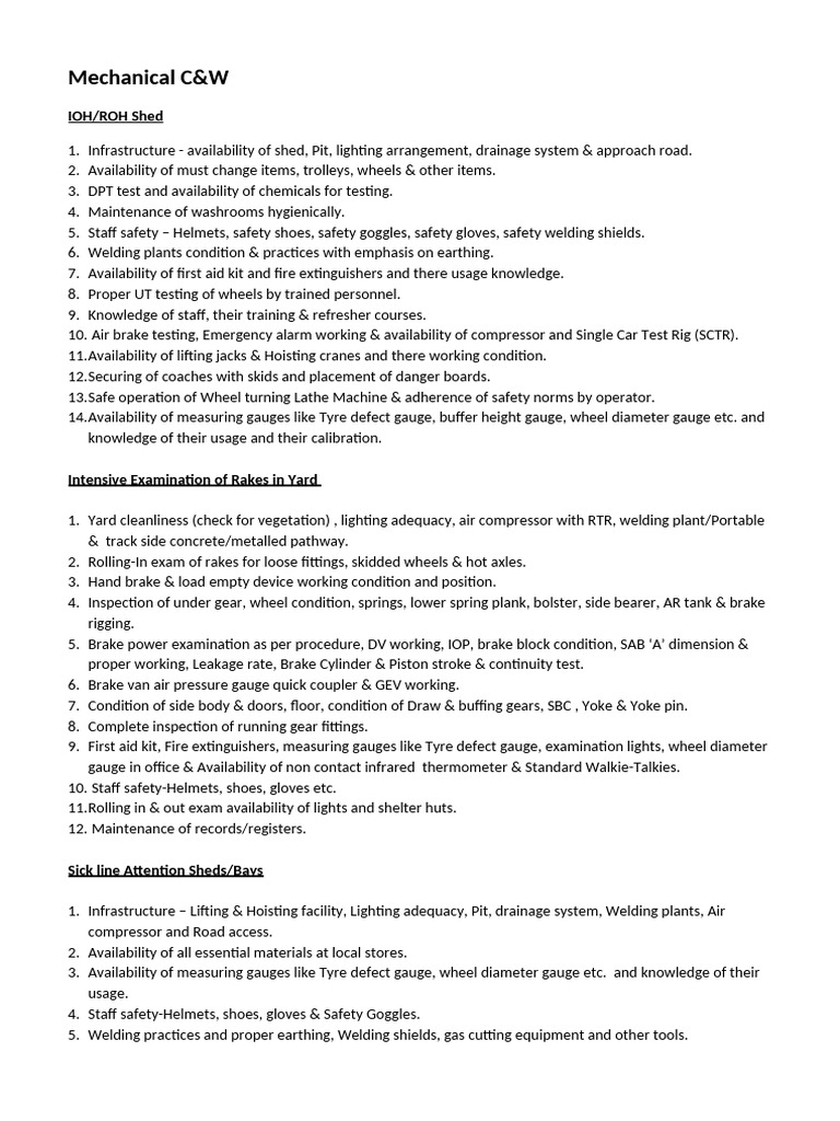C&W Mechanical Safety Inspection Checklist | PDF | Brake
