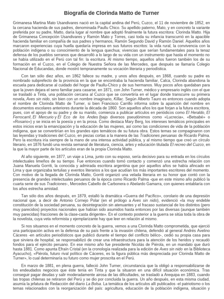 Biografía De Clorinda Matto De Turner Pdf Perú