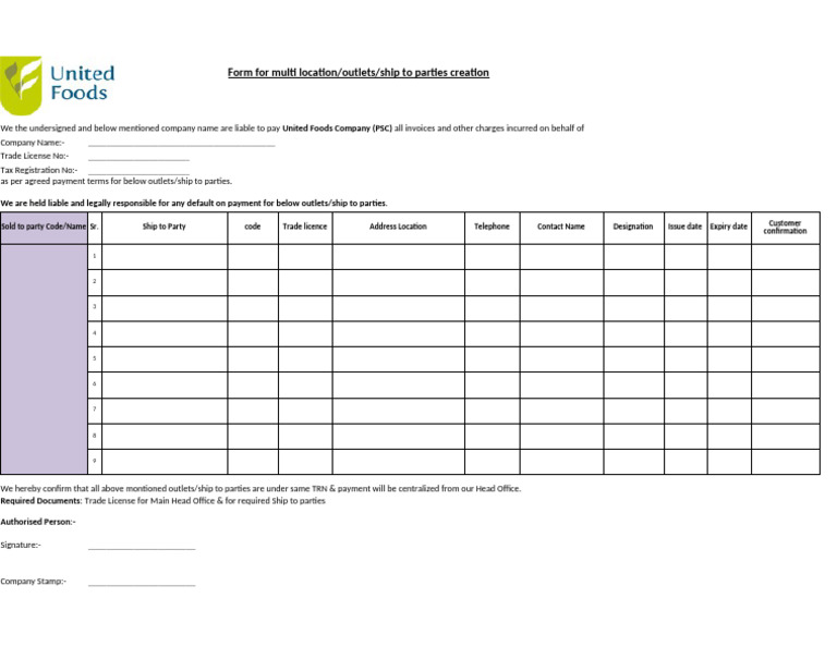Multi-Location Payment Liability Form | PDF