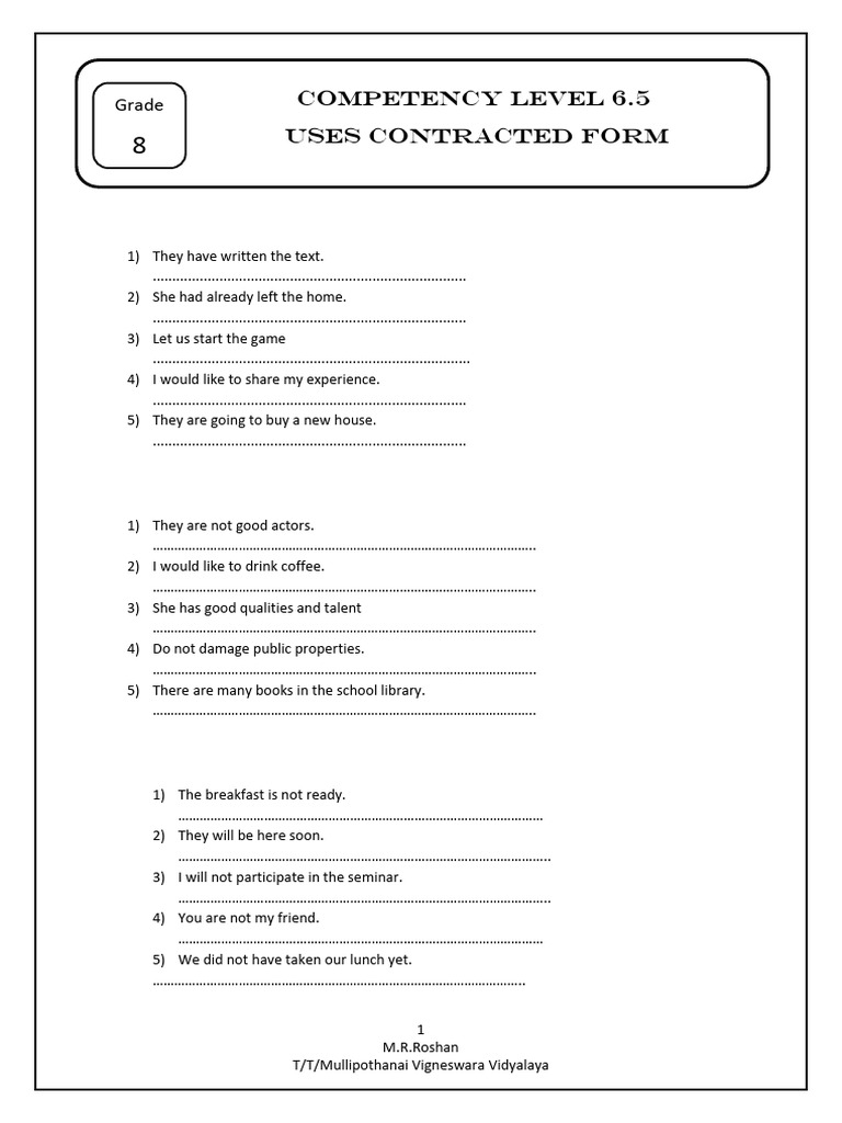 English Grade 8 Competency 6 5 Contracted Forms Worksheet PDF