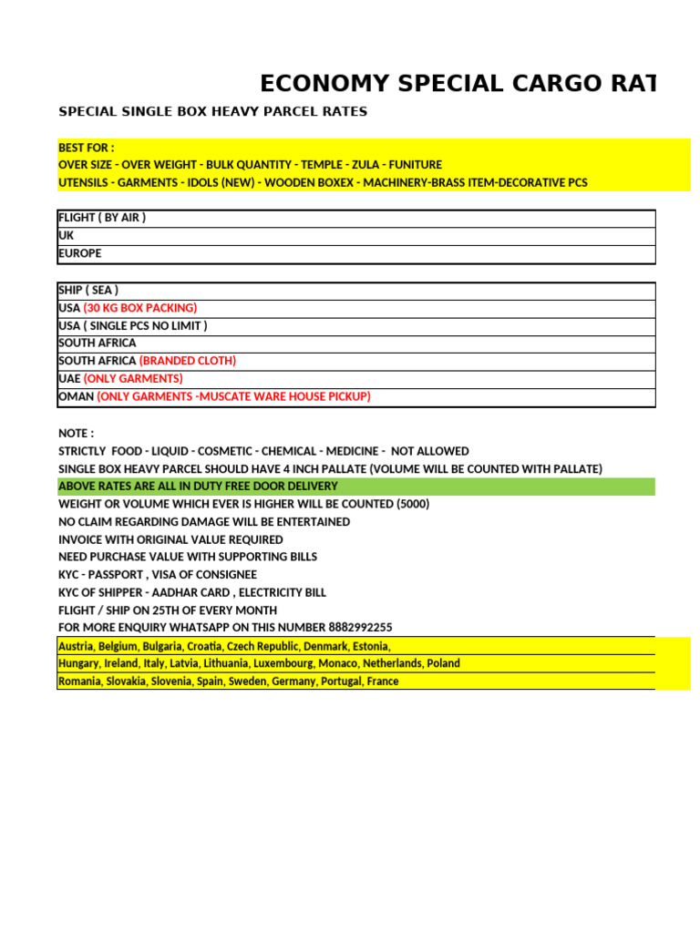 Economy Cargo Rates for Heavy Parcels | PDF