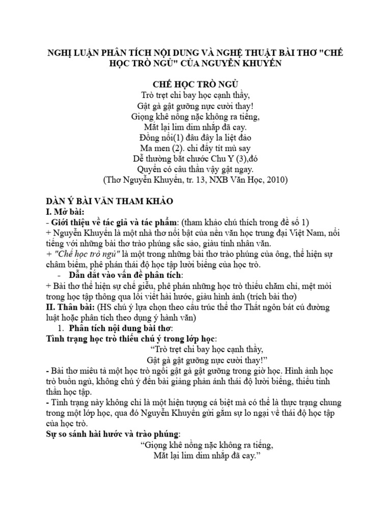 Dan y Phan Tich Bai Che Hoc Tro Ngu | PDF