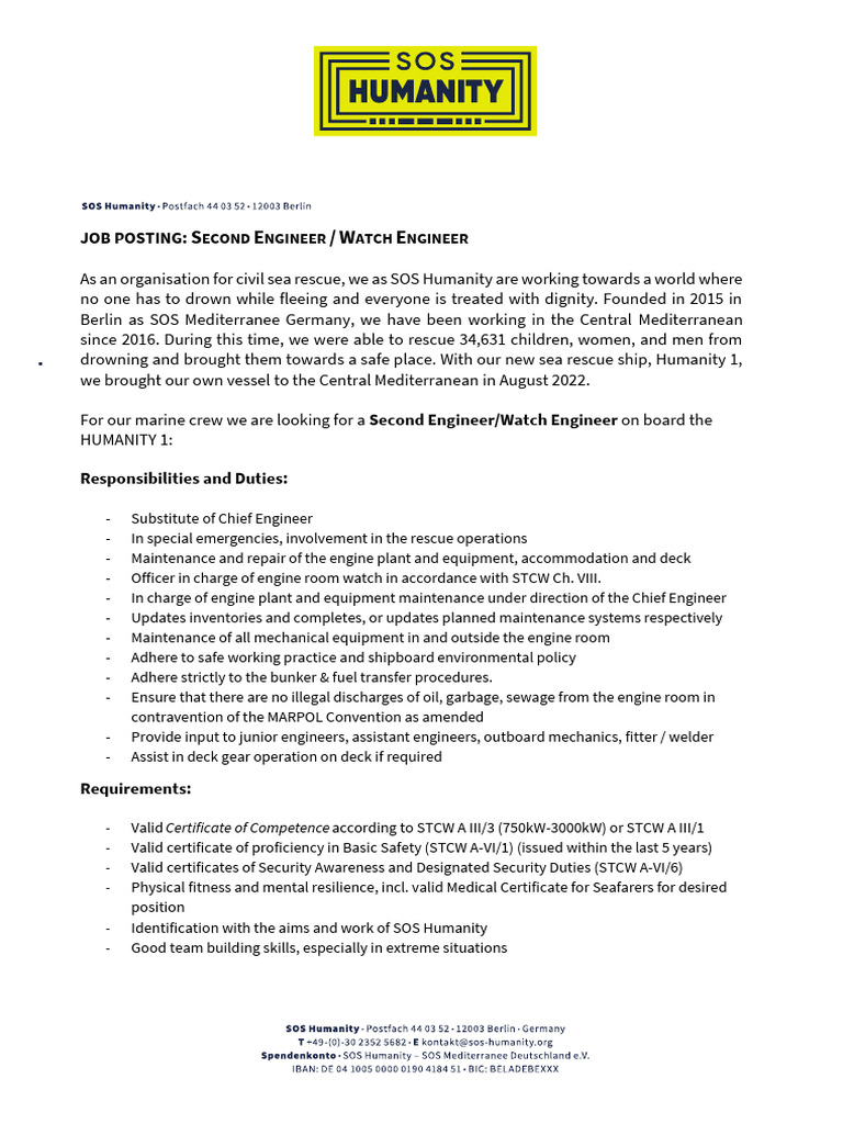 Second Engineer Job at SOS Humanity | PDF