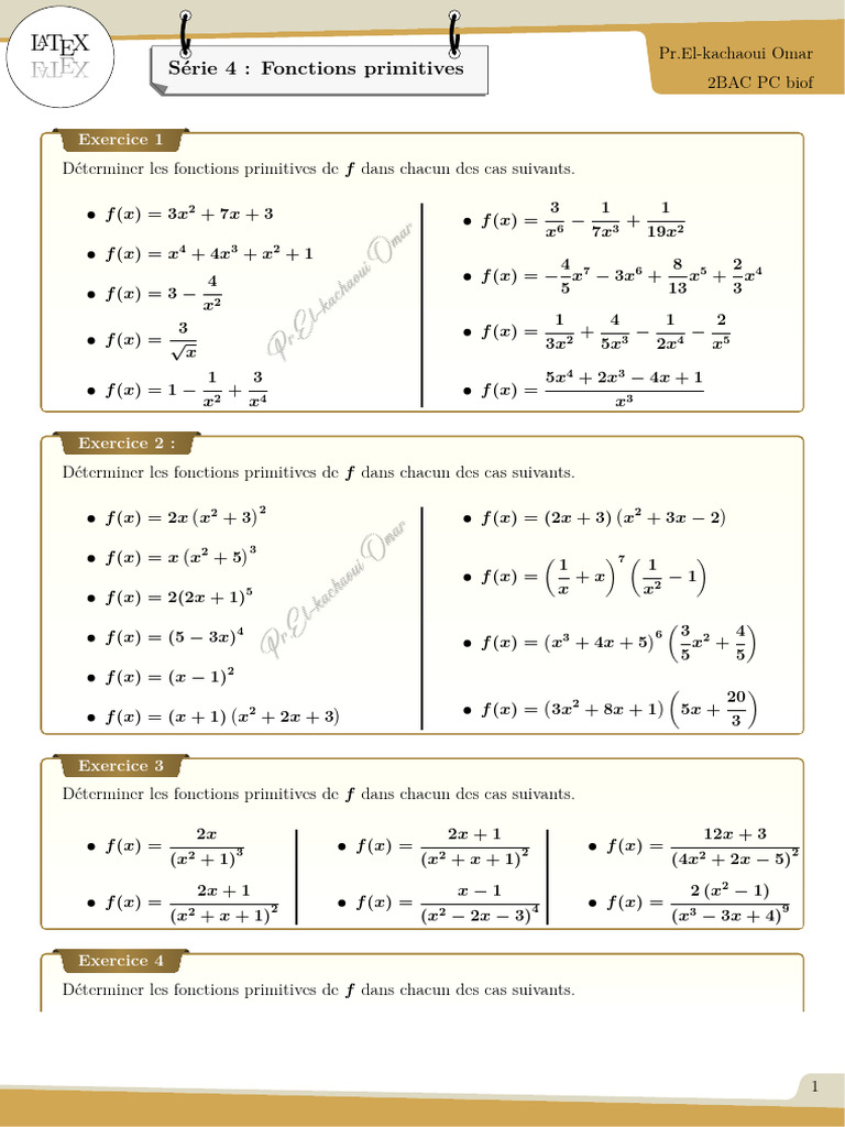Fonctions Primitives : Exercices et Solutions | PDF