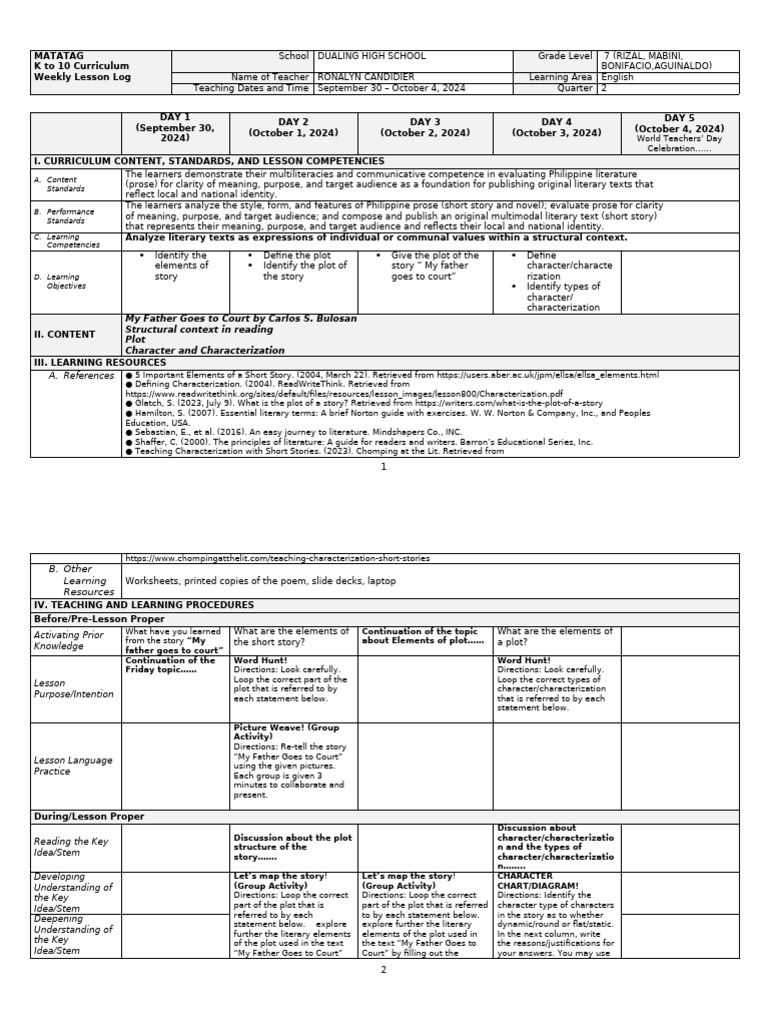 Grade 7 English Weekly Lesson Plan | PDF | Behavior Modification ...