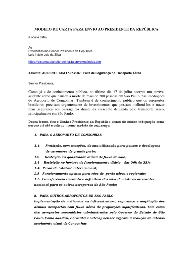 Modelo de Carta Para Presidente Da Republica