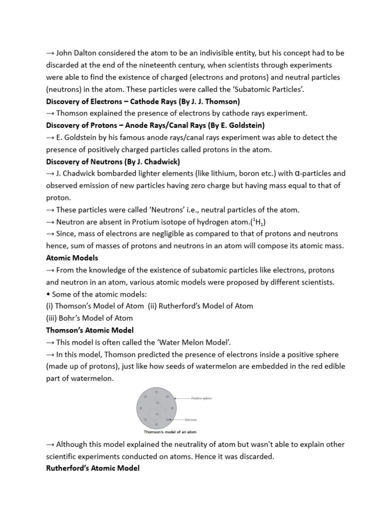 Structure Of Atom Notes Pdf Atoms Atomic Nucleus