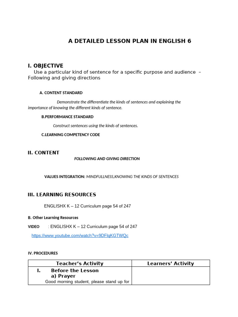 A Detailed Lesson Plan in English 6 | PDF