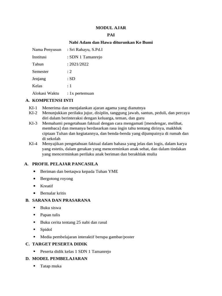 Modul Ajar Pai Kelas 1 Sdn 1 Tamanrejo Pdf