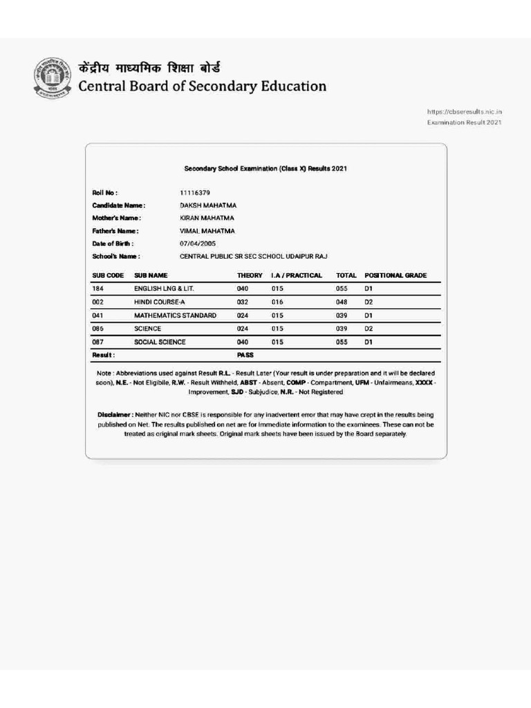CBSE Class 10 Result 2021 PDF | PDF