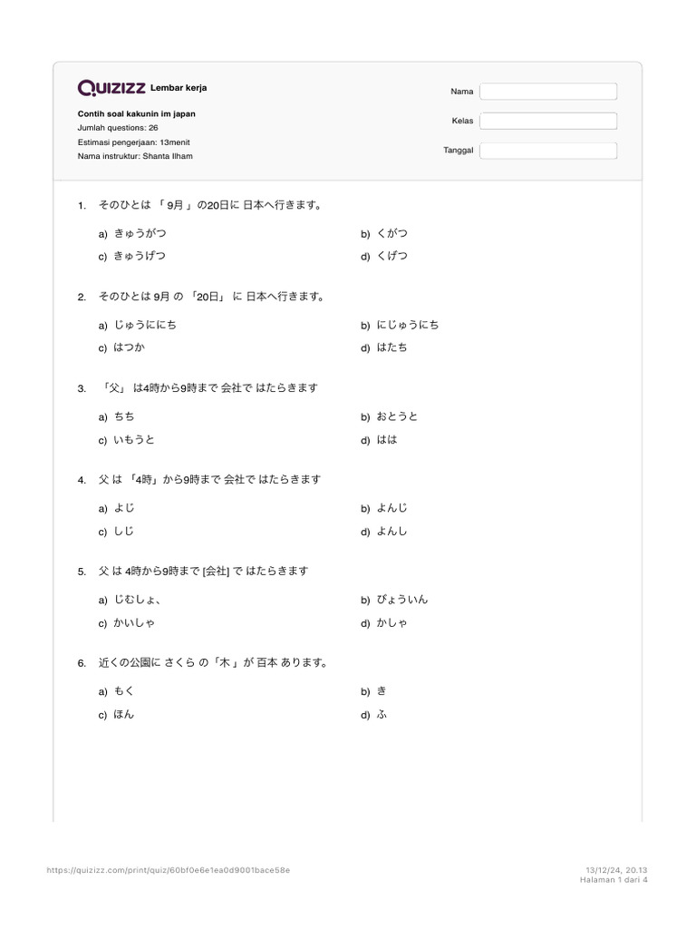 Soal Kakunin Bahasa Jepang untuk SSW | PDF