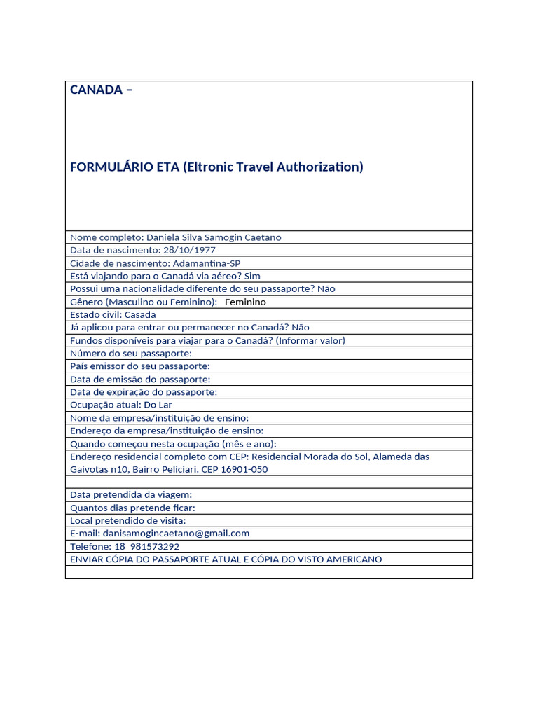 Formulário ETA -CANADÁ | PDF