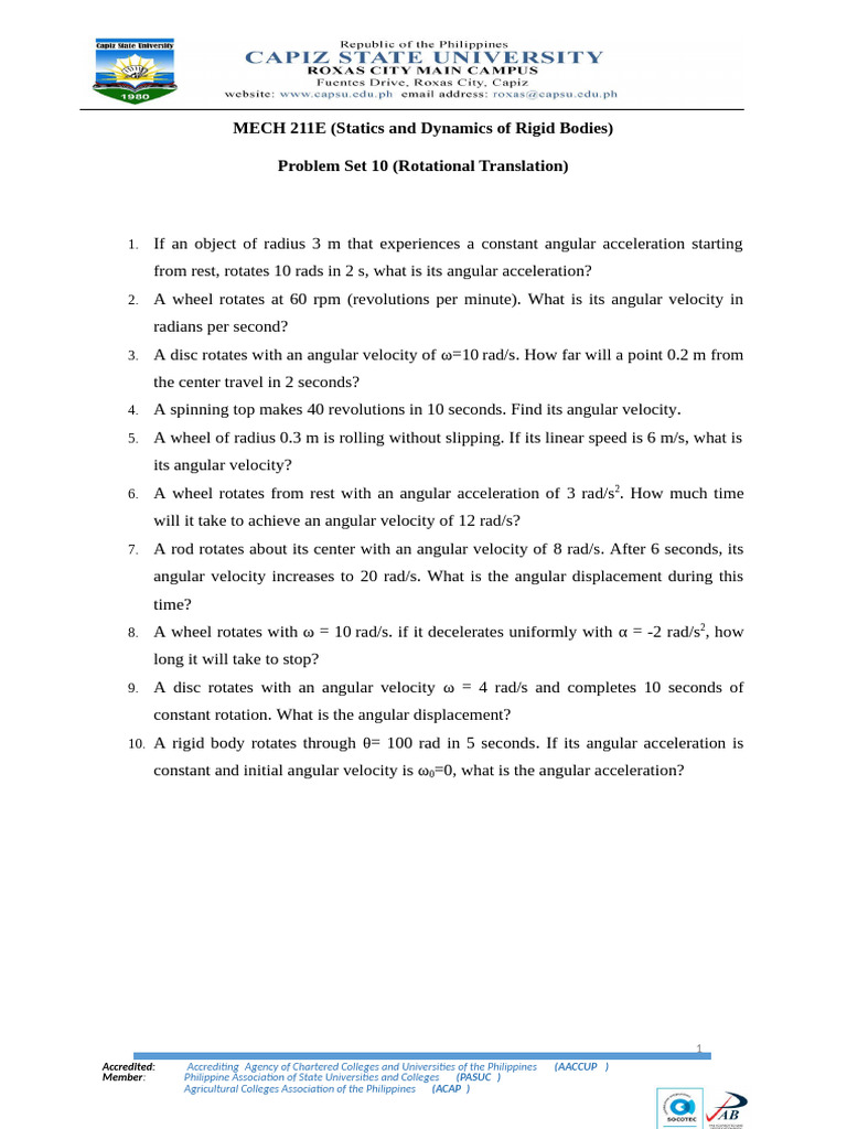 Problem Set 10 - Rotational Translation | PDF
