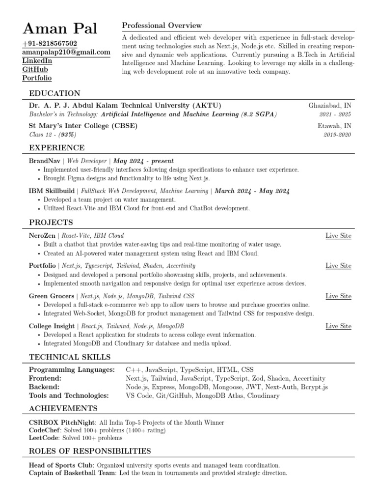 TypeScript Developer Resume: Aman Pal | PDF | Web Development | Java Script