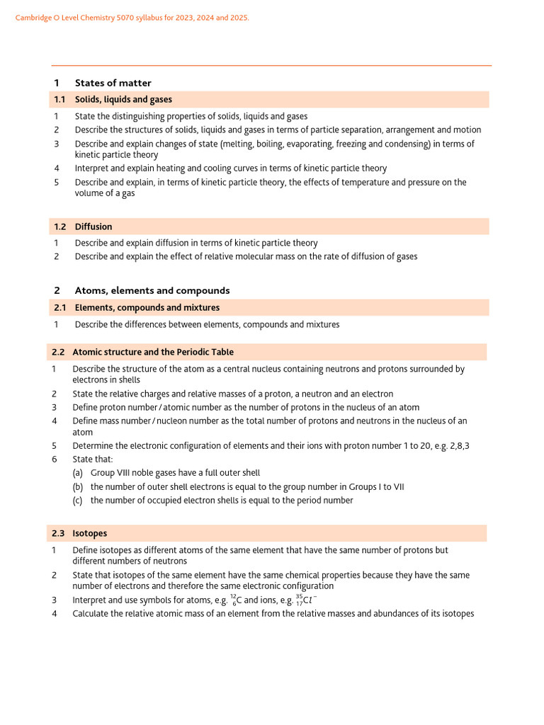 Cambridge O Level Chemistry 5070 Syllabus | PDF | Chemical Elements | Atoms