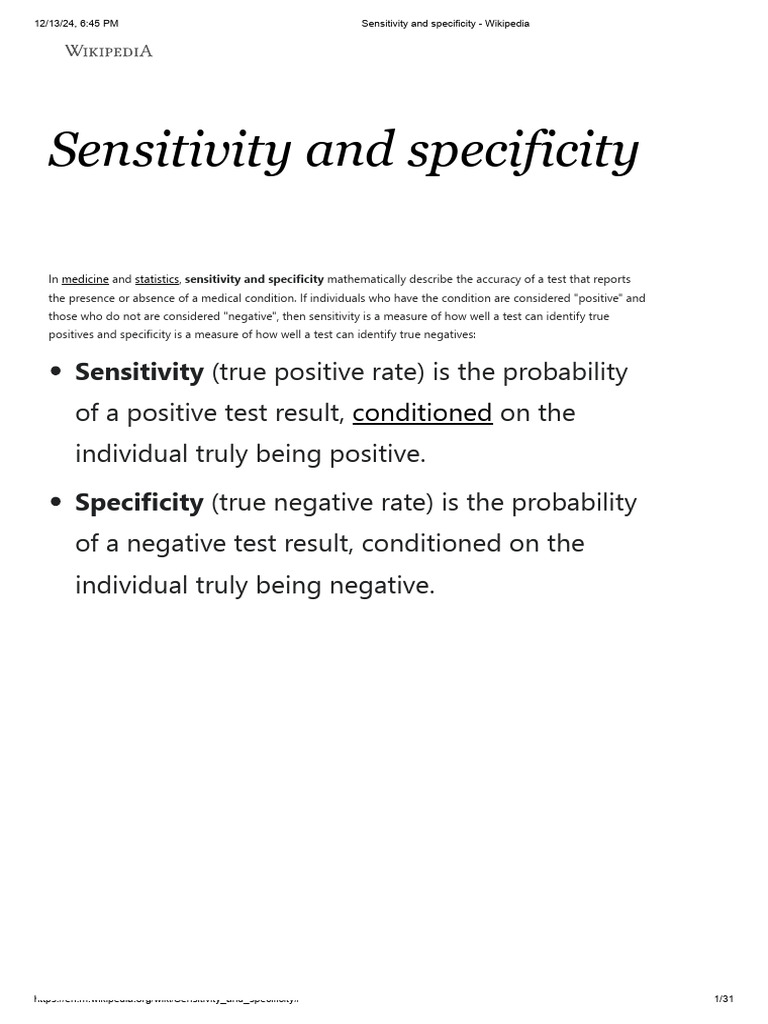 Sensitivity and Specificity - Wikipedia | PDF | Sensitivity And ... 