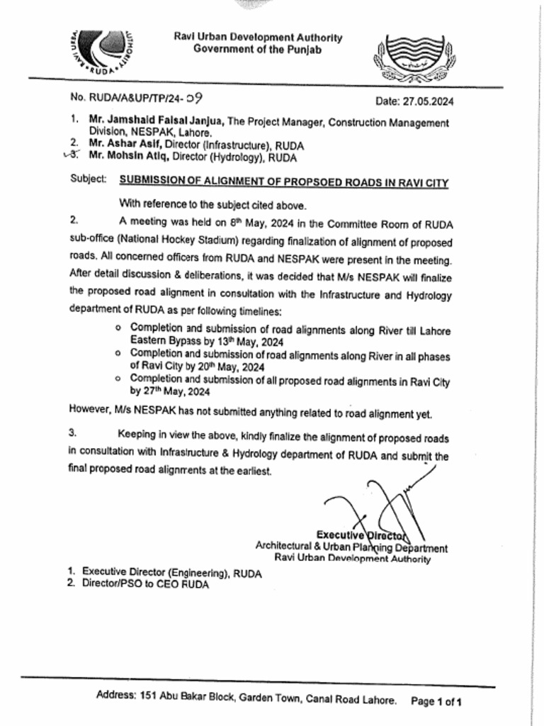 From ED Urban Planing To Dir Hyd Submission of Alignment of Proposed ...