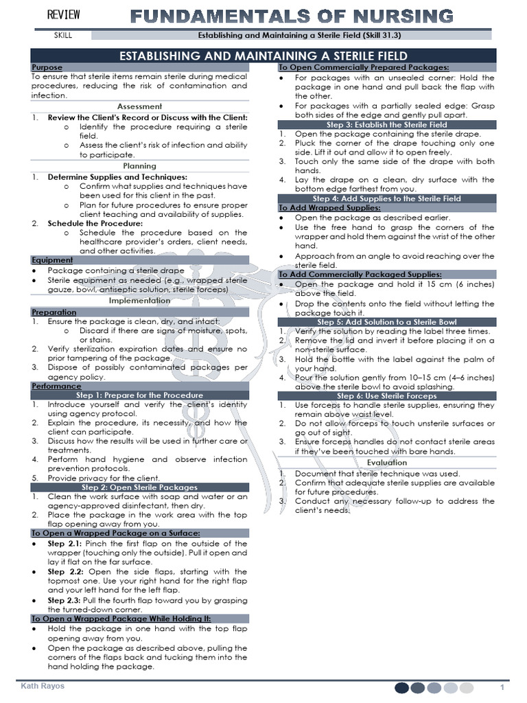 Skill Establishing And Maintaining A Sterile Field Pdf Medicine