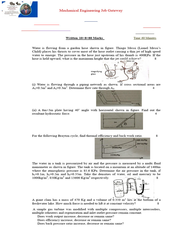 Fluid Mechanics Exam Questions | PDF | Pressure | Pressure Measurement