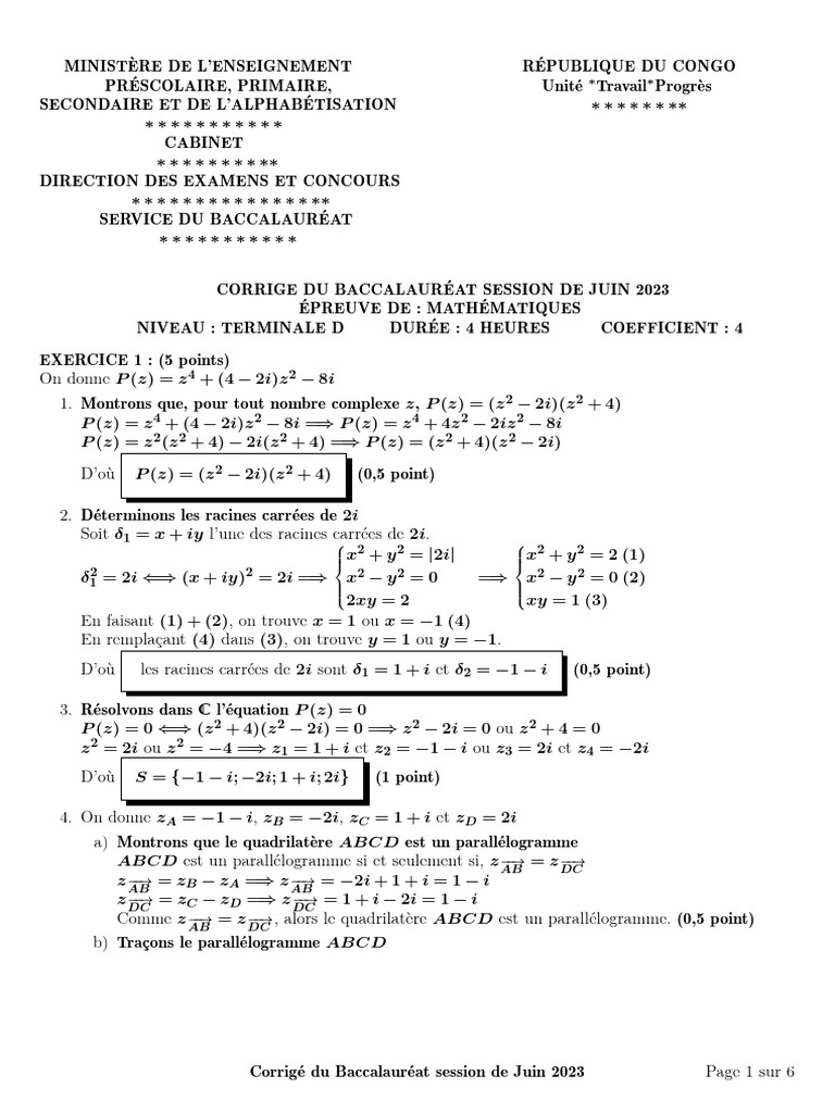 Corrigé Bac Maths 2023 - Congo Brazzaville | PDF | Euclide | Analyse ...