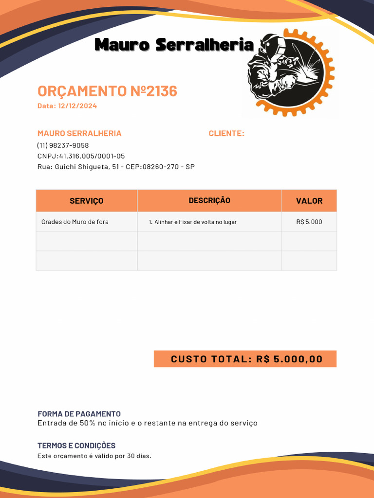 Documento A4 Modelo de Orçamento Tradicional Azul e Laranja | PDF