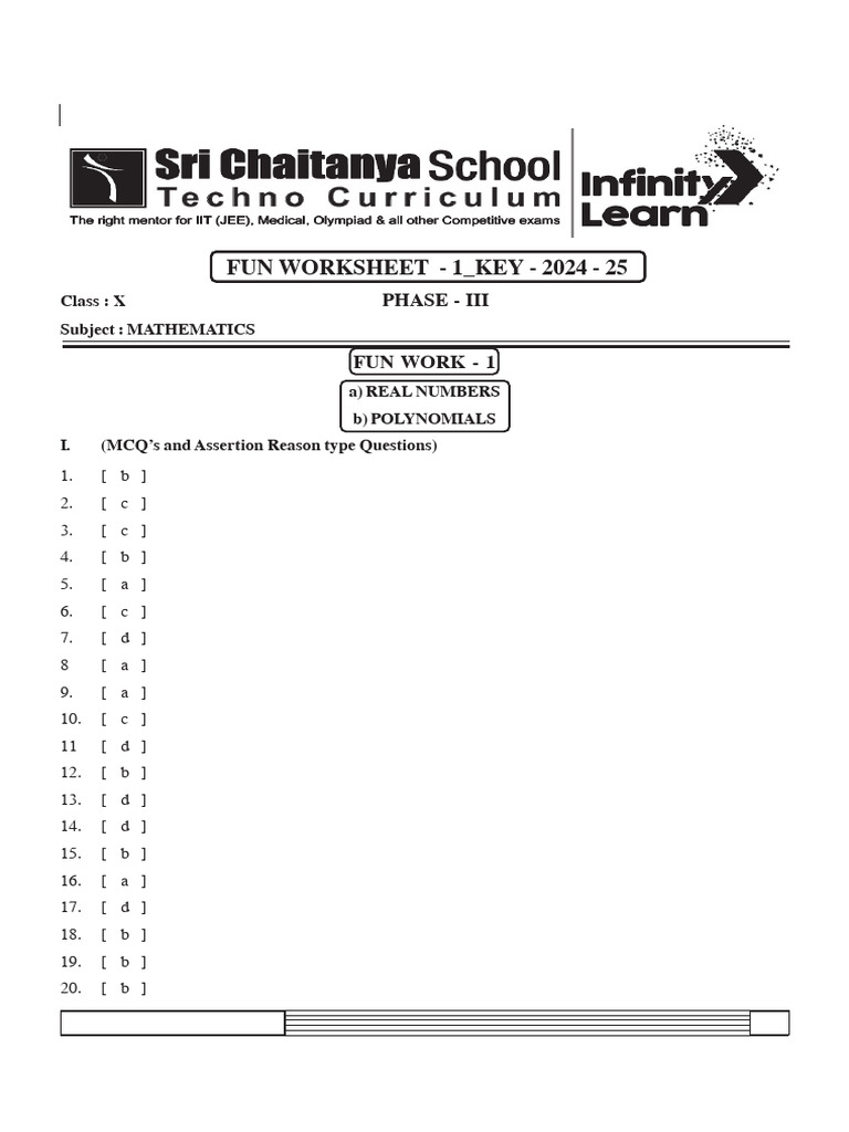Cbse Math PH - Iii Funwork Work Sheet - 1 Key - 241210 - 213556 | PDF ...