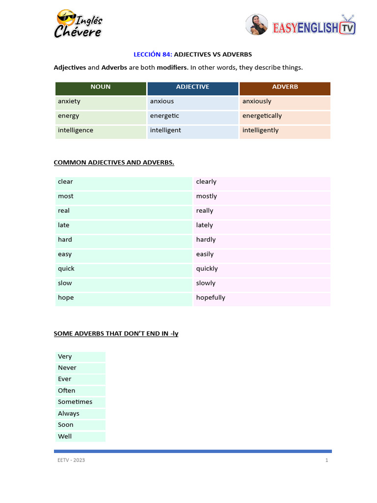LECCIÓN 84 - ADJECTIVES VS ADVERBS - EETV | PDF | Adjective | Adverb