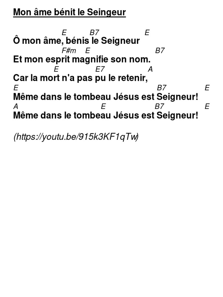 Mon âme bénit le Seigneur - Paroles et accords | PDF
