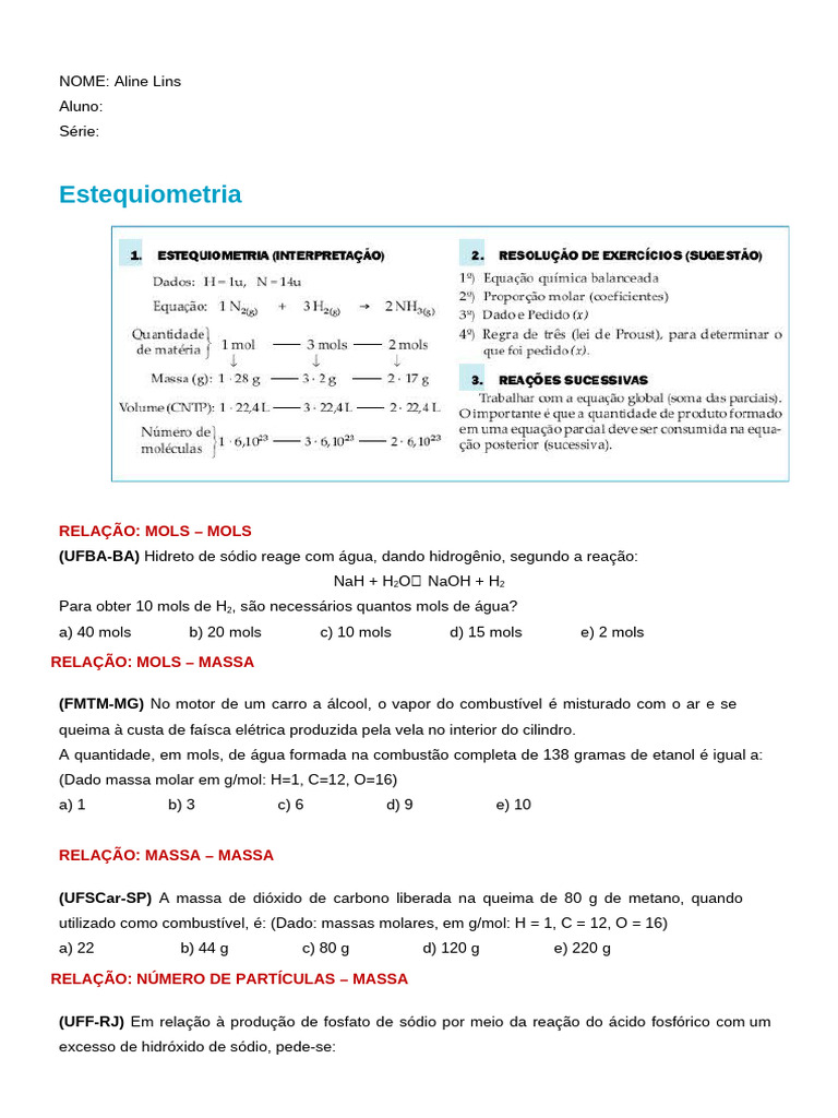 Exercícios de Estequiometria e Química | PDF | Combustão | Estequiometria
