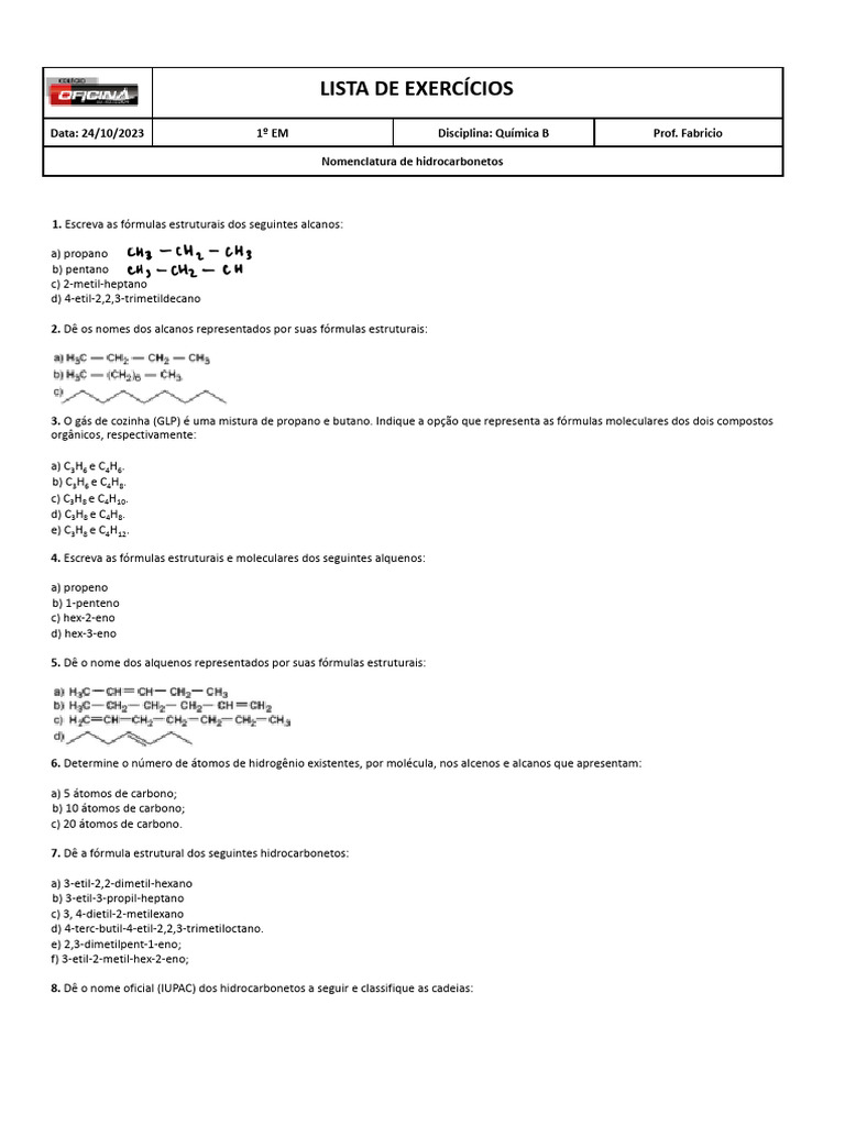 Exercícios de Nomenclatura de Hidrocarbonetos | PDF | Alcano | Alceno