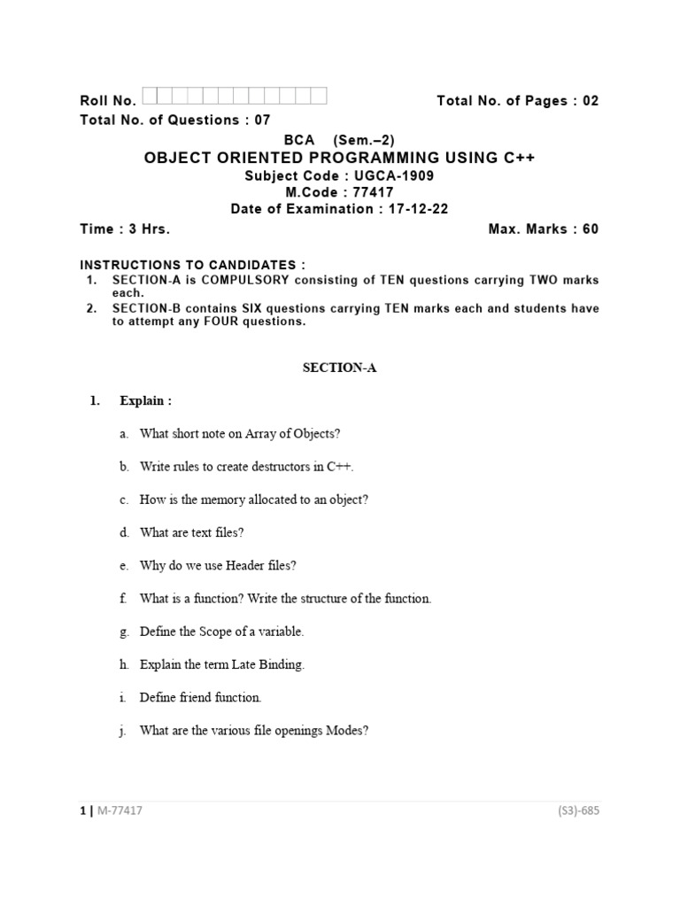 Bca 2 Sem Object Oriented Programming Using CPP 77417 Dec 2022 | PDF