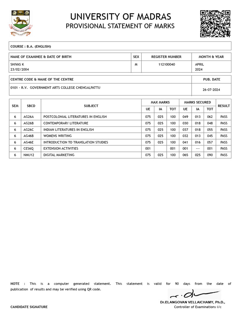 Provisional Marks Statement - B.A. English | PDF