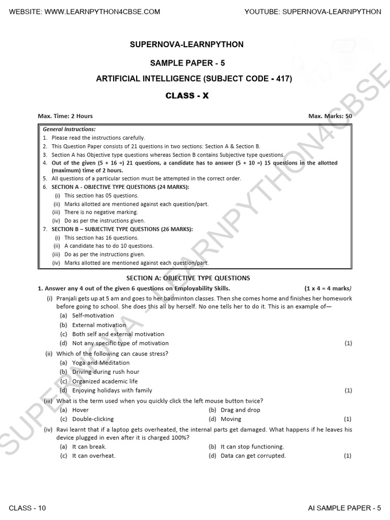 Class 10 AI Sample Paper - Supernova | PDF | Artificial Intelligence ...