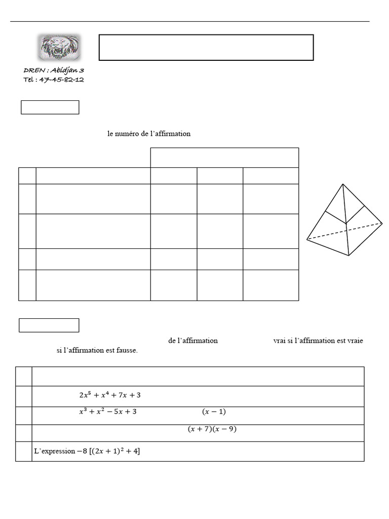 Devoir de Niveau 4 2ndc Anador PDF-1 | PDF | Algèbre | Algèbre générale