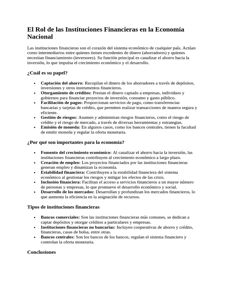El Rol de Las Instituciones Financieras en La Economía Nacional ...