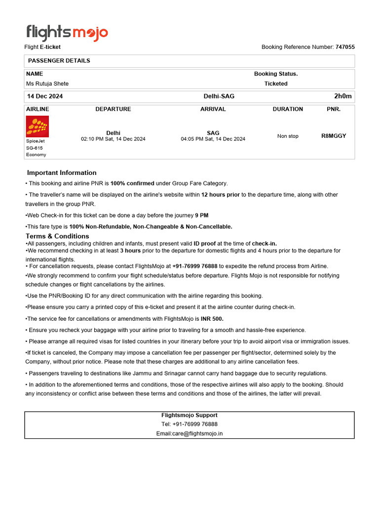 SpiceJet E-Ticket Confirmation for Rutuja | PDF | Airlines | Aviation
