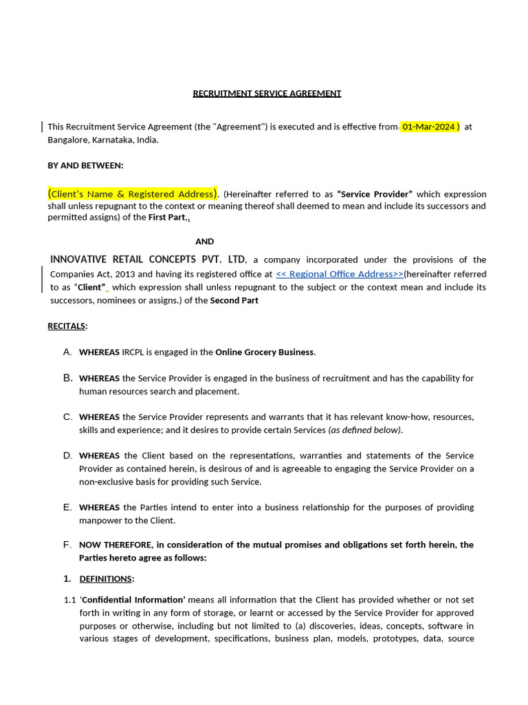 Recruitment Service Agreement Overview | PDF | Value Added Tax | Indemnity