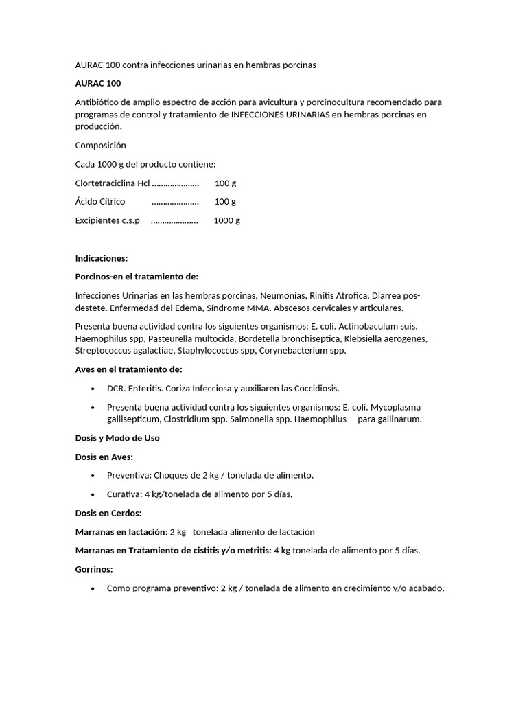 AURAC 100: Antibiótico para cerdos y aves | PDF