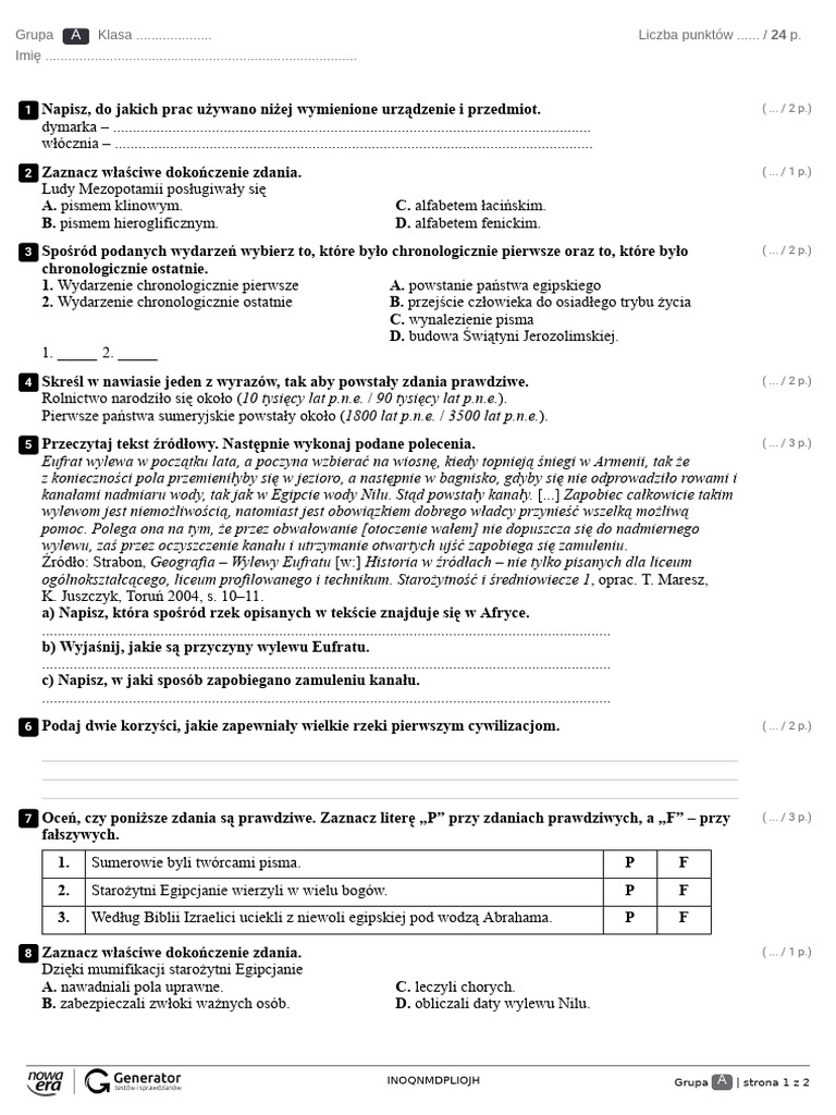 Rozdział I, Test NR 1 Test (Z Widoczną Punktacją) | PDF