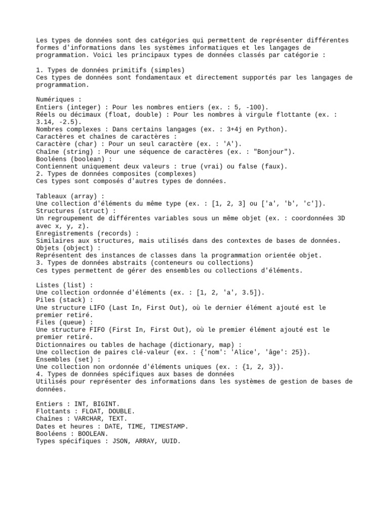 Types de données en programmation et bases de données | PDF