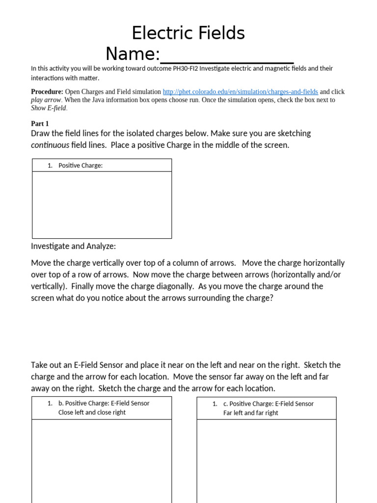 Physics 30 Charges and Fields Lab Improved Phet PDF Electric Field Electric Charge