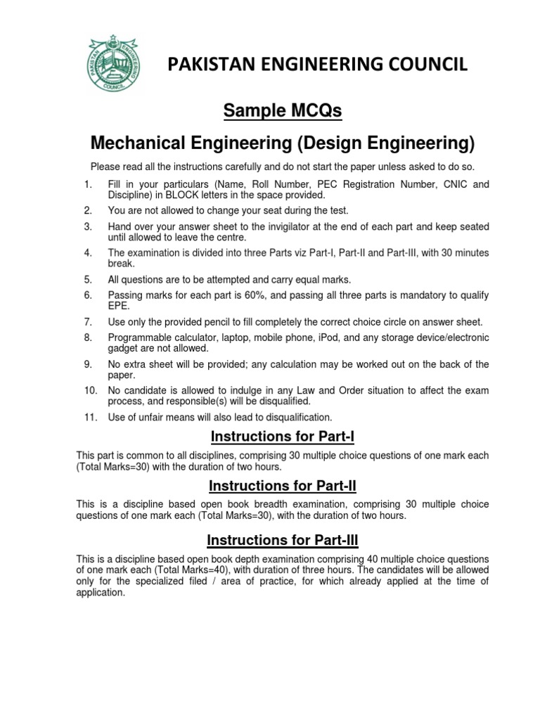 PEC Mechanical Engineering MCQs | PDF