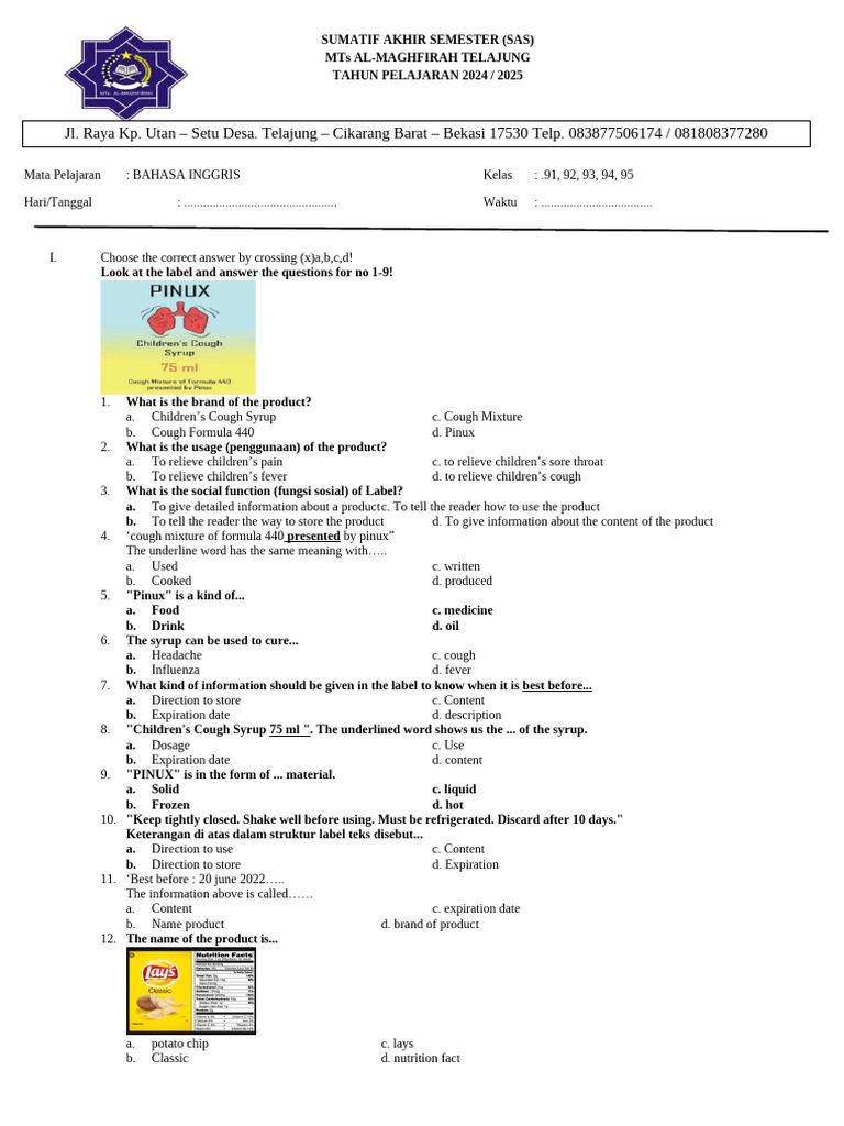 Pinux Children's Cough Syrup Quiz | PDF | Juice | Diet & Nutrition