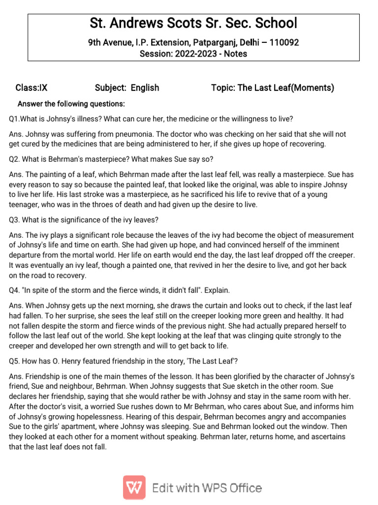 English - The Last Leaf Notes (IX) by PW | PDF