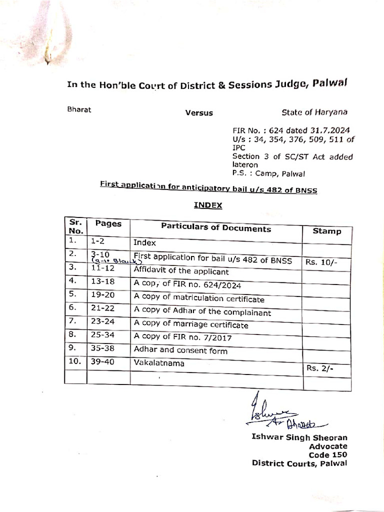 Bharat Vs State of Haryana 1st Anticipatory Bail Application Us 482 of ...