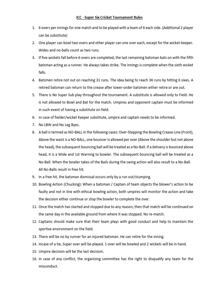 Super Six Cricket Tournament Rules | PDF | Bowling (Cricket) | Team Sports
