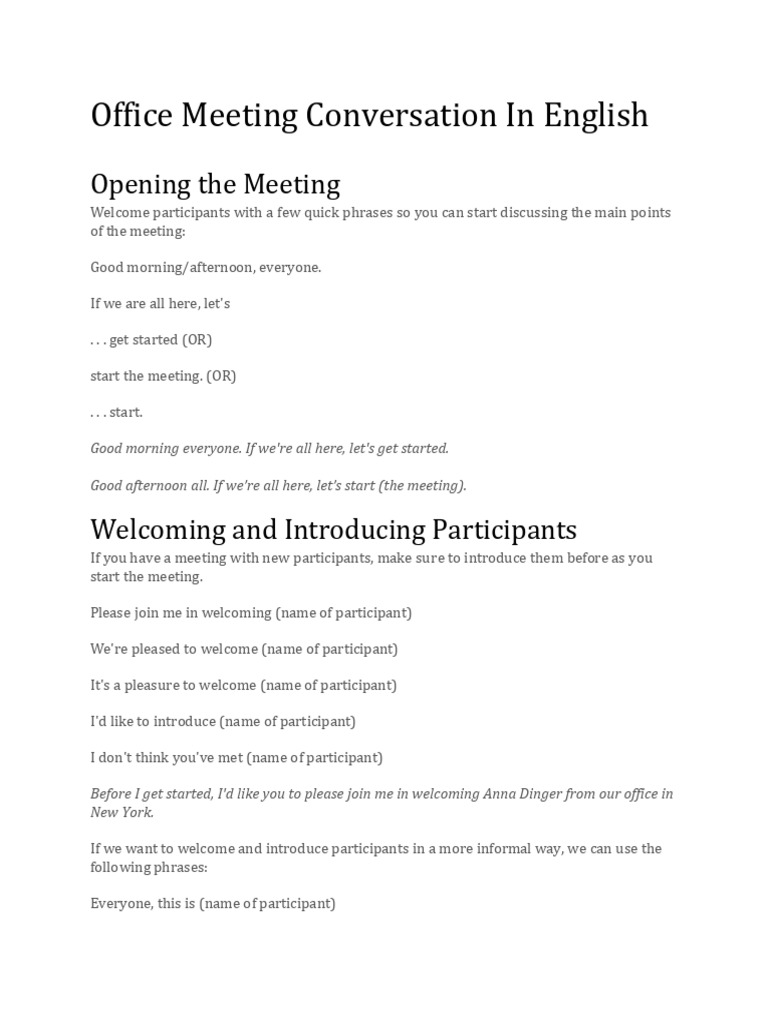 Office Meeting Conversation Guide | PDF | Agenda (Meeting)