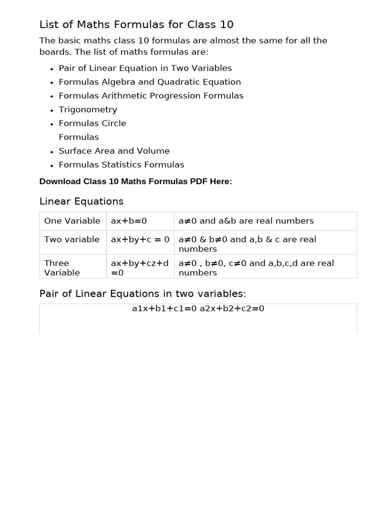 Maths Formulas For Class 10 Pdf Pdf Trigonometric Functions
