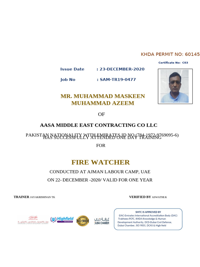 Fire Watcher Training Certificate | PDF